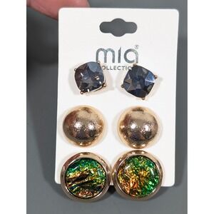 MIA‎ Collection 3 Pair Gold Tone Stud Earrings Set Foil Dome Gray Glass Textured